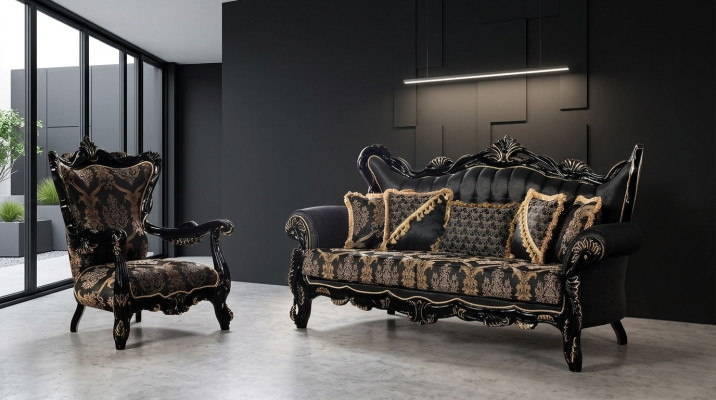 Ensemble de canapé 2 pièces pour le salon 3+1 places, canapé noir et fauteuil motif doré