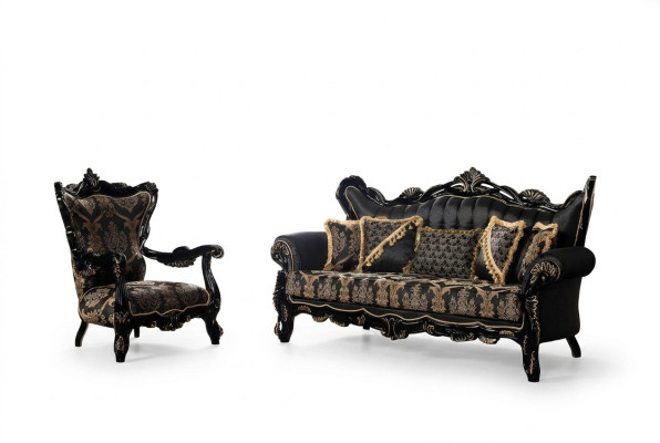 Ensemble de canapé 2 pièces pour le salon 3+1 places, canapé noir et fauteuil motif doré