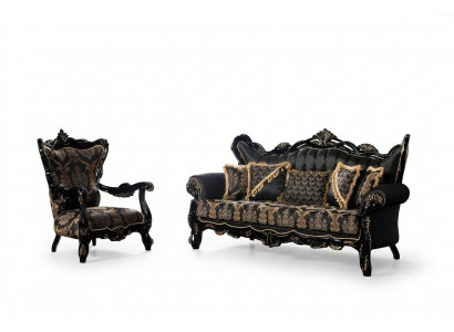 Ensemble de canapé 2 pièces pour le salon 3+1 places, canapé noir et fauteuil motif doré