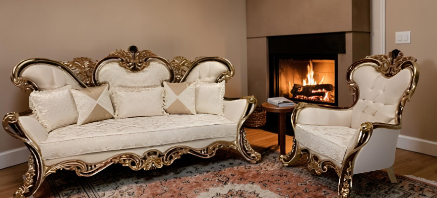 Ensemble de meubles rembourrés Chesterfield 3+1 place + Table basse en bois Baroque Rococo