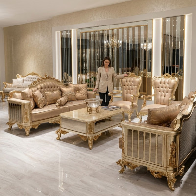 Classique Baroque Rococo Chesterfield 5 pièces. Table basse canapé beige mobilier