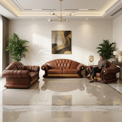 Ensemble de canapé marron Chesterfield en cuir, ensemble de canapés 3+2+1