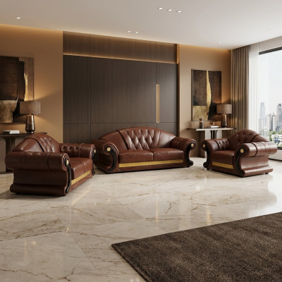 Ensemble de canapé marron Chesterfield en cuir, ensemble de canapés 3+2+1