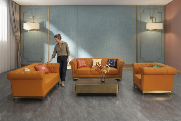 Salle de séjour Chesterfield Ensemble de canapé canapé luxe 3+2+1 Orange neuf