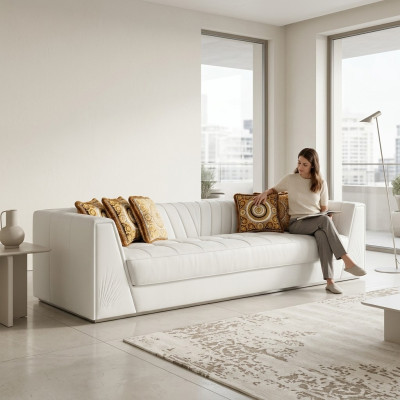 Canapé de luxe blanc Medusa avec des têtes dorées Canapé Trois places en cuir