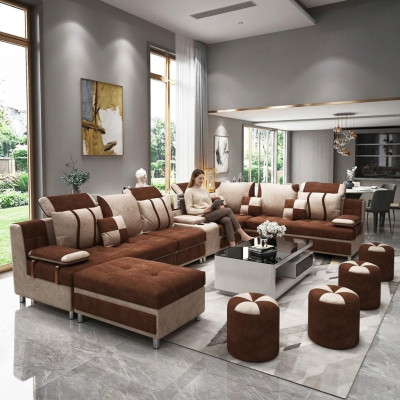 Canapé en forme de U marron en tissu d'ameublement pour se détendre dans le salon coussins moelleux