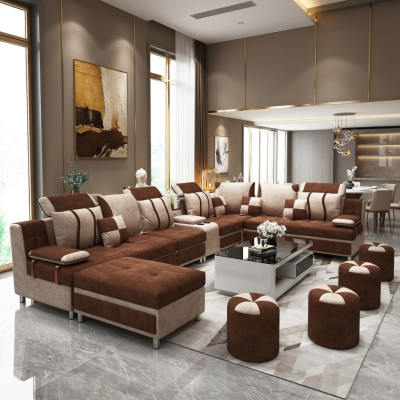 Canapé en forme de U marron en tissu d'ameublement pour se détendre dans le salon coussins moelleux