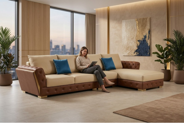 Canapé en cuir Canapé Luxueux Canapé Mobilier en tissu Beige Design Ensemble de coin Meubles