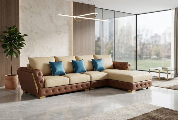Canapé en cuir Canapé Luxueux Canapé Mobilier en tissu Beige Design Ensemble de coin Meubles