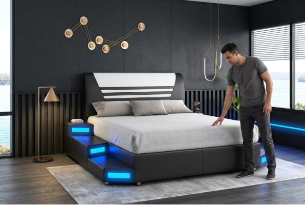 Lit en cuir de chambre à coucher de luxe éclairé par LED 180x200 Meubles Lits