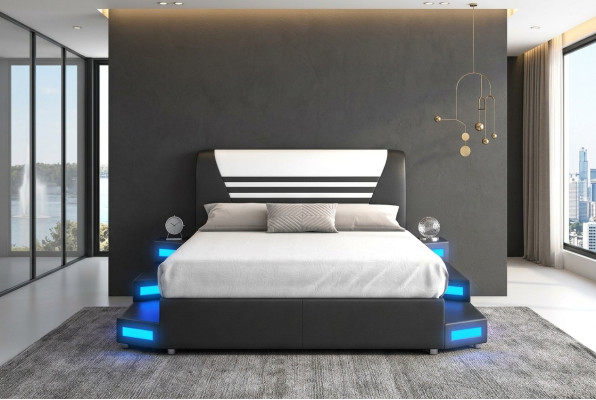 Lit en cuir de chambre à coucher de luxe éclairé par LED 180x200 Meubles Lits