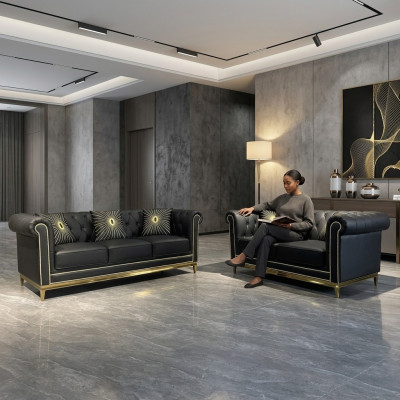 Canapé de salon Chesterfield noir, ensemble de luxe 3+2 places à 2 pièces.