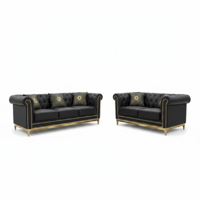 Canapé de salon Chesterfield noir, ensemble de luxe 3+2 places à 2 pièces.
