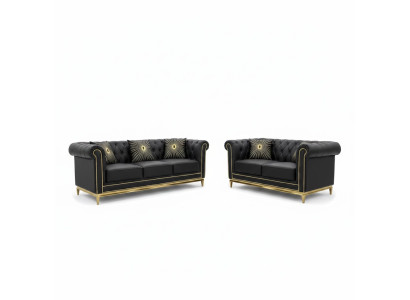Canapé de salon Chesterfield noir, ensemble de luxe 3+2 places à 2 pièces.