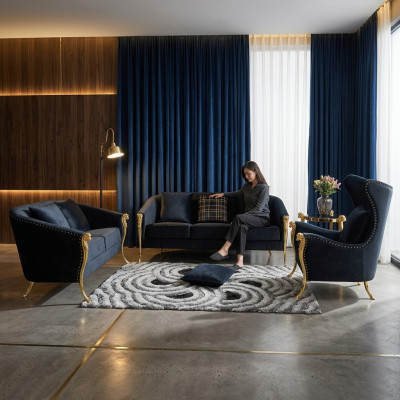Fauteuil rembourré luxueux en velours noir à 3+2+1 places avec pieds en or