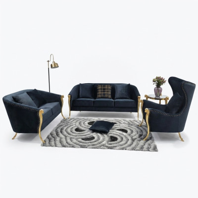 Fauteuil rembourré luxueux en velours noir à 3+2+1 places avec pieds en or