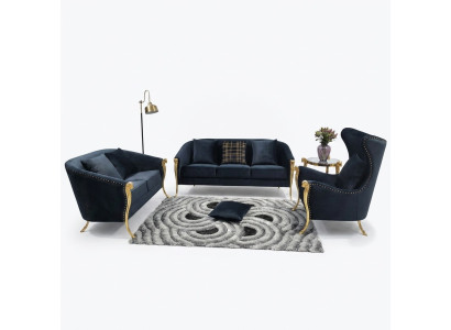 Fauteuil rembourré luxueux en velours noir à 3+2+1 places avec pieds en or