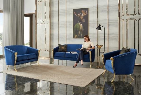 Luxe Fauteuil Rembourré 3+2+1 Sièges Bleu avec Jambes Dorées Coussin de Siège Nouveau