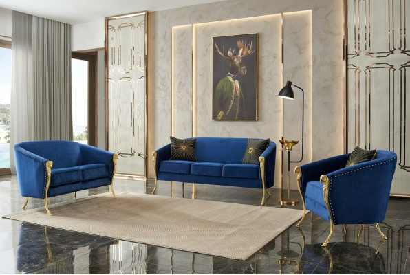 Luxe Fauteuil Rembourré 3+2+1 Sièges Bleu avec Jambes Dorées Coussin de Siège Nouveau