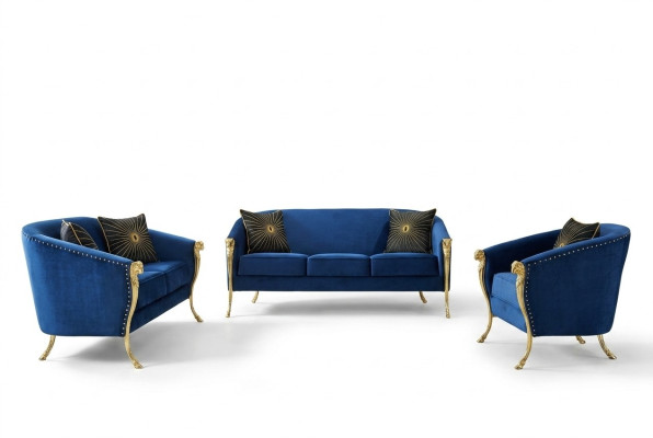 Luxe Fauteuil Rembourré 3+2+1 Sièges Bleu avec Jambes Dorées Coussin de Siège Nouveau