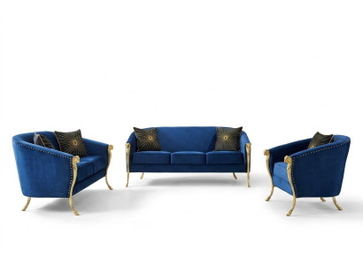 Luxe Fauteuil Rembourré 3+2+1 Sièges Bleu avec Jambes Dorées Coussin de Siège Nouveau