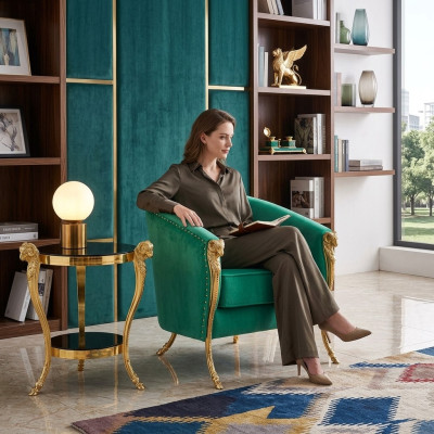 Fauteuil vert de luxe, rembourré, pieds en or, salon, monoplace, neuf.