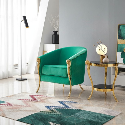 Fauteuil vert de luxe, rembourré, pieds en or, salon, monoplace, neuf.