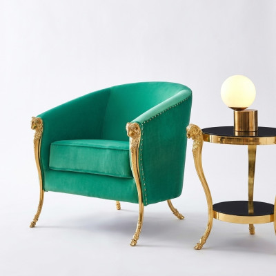 Fauteuil vert de luxe, rembourré, pieds en or, salon, monoplace, neuf.