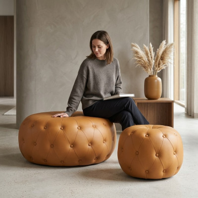 Repose-pieds Tabouret Rond Chesterfield Rond Orange en Cuir Textile 78x35