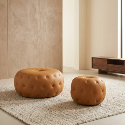Repose-pieds Tabouret Rond Chesterfield Rond Orange en Cuir Textile 78x35
