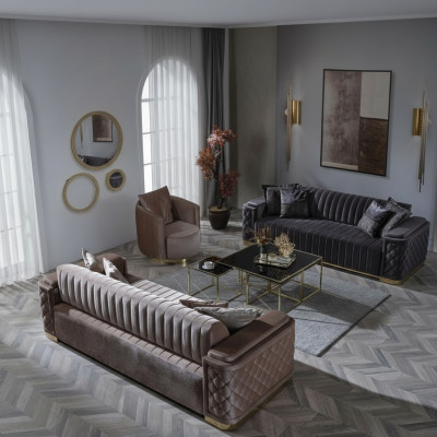 Ensemble canapé Chesterfield en velours, composé de 3 pièces. Suite Sofa Canapé en Velours