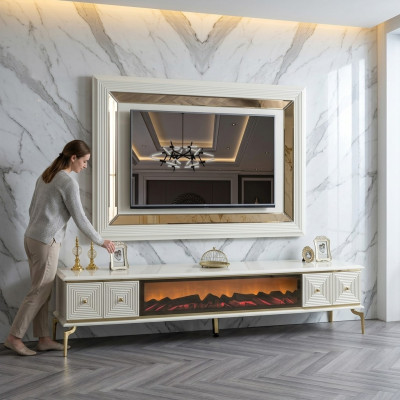 Bahut Armoire Meuble TV avec cheminée Unité murale Ensemble Panneau TV en acier inoxydable Mobilier de luxe
