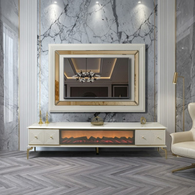 Bahut Armoire Meuble TV avec cheminée Unité murale Ensemble Panneau TV en acier inoxydable Mobilier de luxe