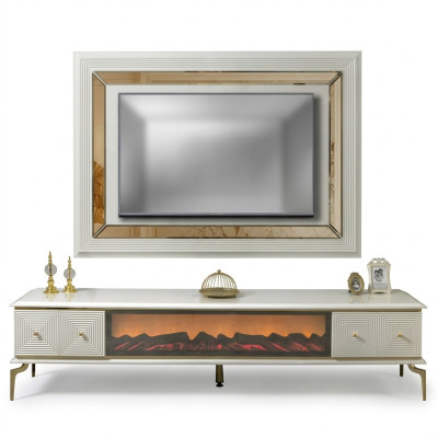 Bahut Armoire Meuble TV avec cheminée Unité murale Ensemble Panneau TV en acier inoxydable Mobilier de luxe