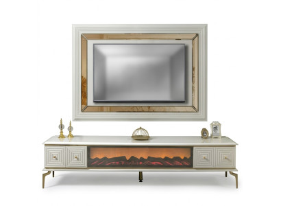 Bahut Armoire Meuble TV avec cheminée Unité murale Ensemble Panneau TV en acier inoxydable Mobilier de luxe