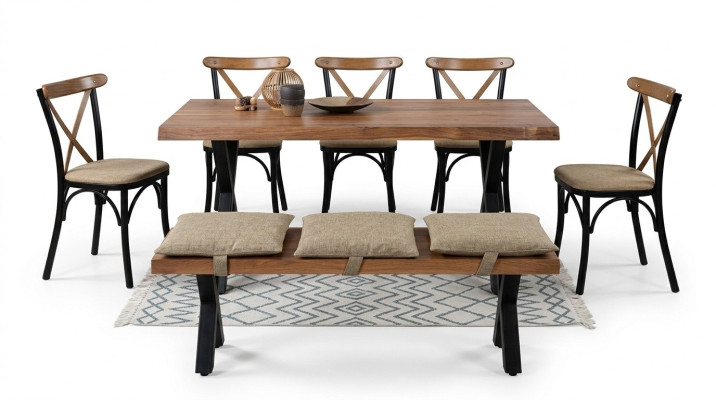 Table à manger en bois et 4 chaises avec siège rembourré et tabouret pour la salle à manger