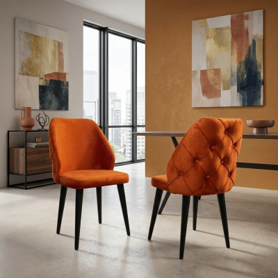 Chaise rembourrée en bois Chesterfield orange sur pieds noirs dans la salle à manger