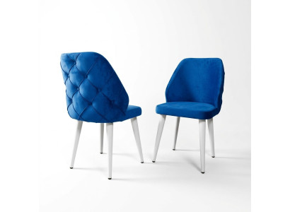 Chaise rembourrée en bois Bleu Dossier Chesterfield sur pieds blancs Salle à manger
