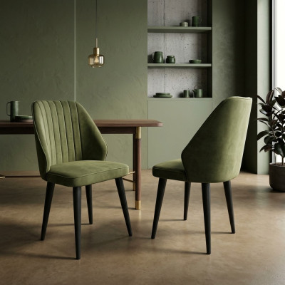 Chaise verte sur des pieds en bois noirs pour la salle à manger, nouveau modèle de confortables.