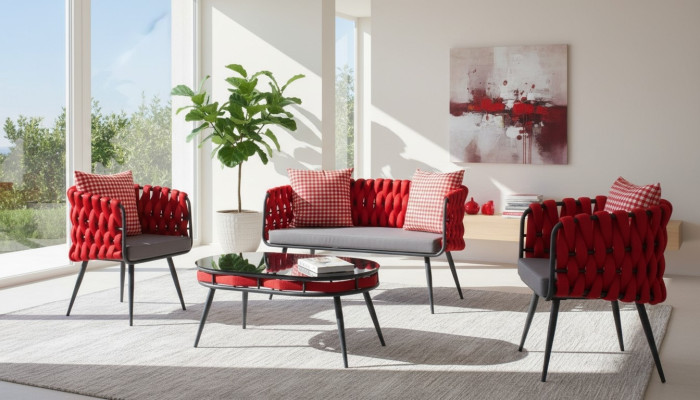 Red Garden Suite Mobilier de luxe pour la salle à manger Table Canapé Patio Canapé 4 pièces