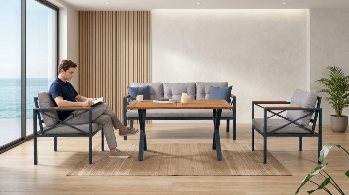 Ensemble de meubles de jardin gris modernes comprenant une chaise, un tabouret et une table pour terrasse (4 pièces).