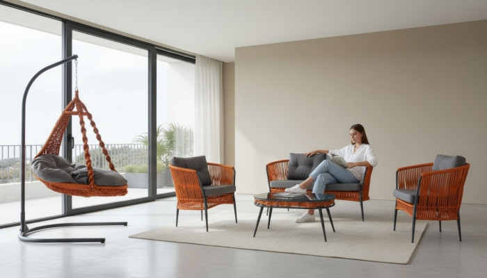 Ensemble de canapé de meubles de jardin orange comprenant un canapé deux places, un fauteuil, et une table basse.