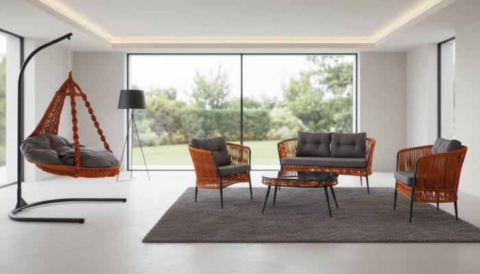 Ensemble de canapé de meubles de jardin orange comprenant un canapé deux places, un fauteuil, et une table basse.