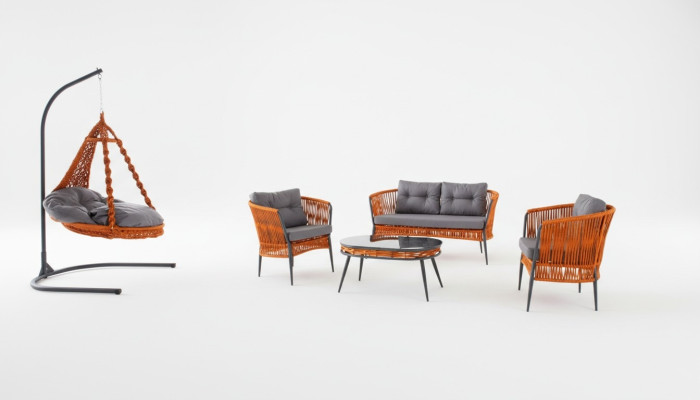 Ensemble de canapé de meubles de jardin orange comprenant un canapé deux places, un fauteuil, et une table basse.