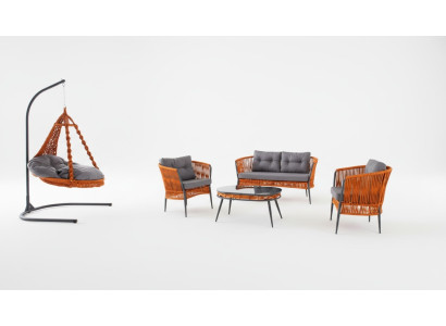 Ensemble de canapé de meubles de jardin orange comprenant un canapé deux places, un fauteuil, et une table basse.