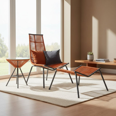Ensemble moderne pour votre jardin composé d'un fauteuil, d'un tabouret et d'une table d'appoint.