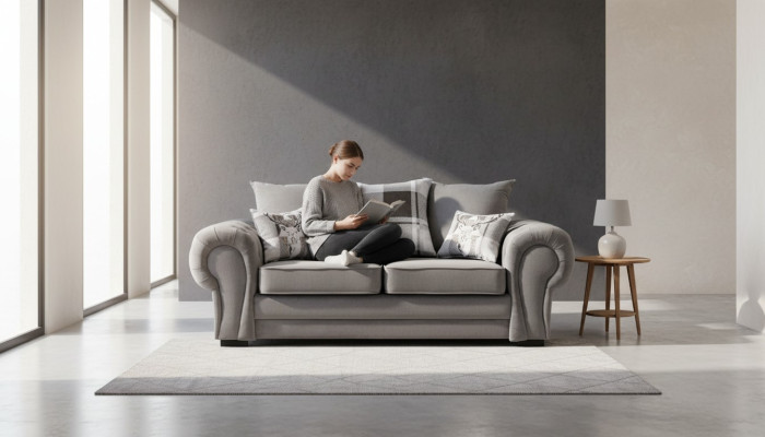 Canapé Chesterfield gris, tissu d'ameublement pour canapés, canapés, textiles de conception.