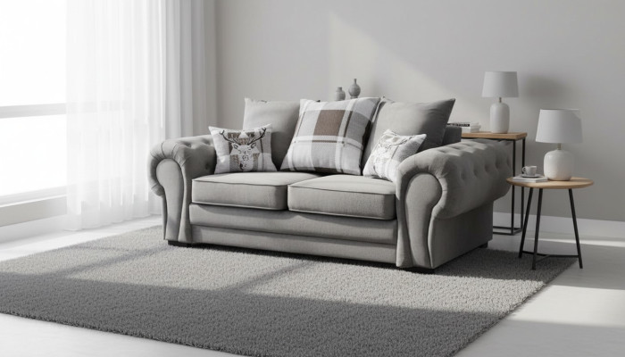 Canapé Chesterfield gris, tissu d'ameublement pour canapés, canapés, textiles de conception.