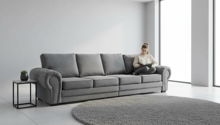 Canapé classique 4 places pour meubles rembourrés en tissu gris, confortables