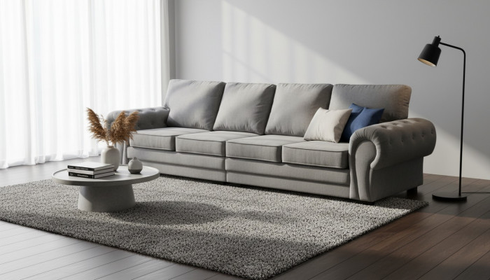 Canapé classique 4 places pour meubles rembourrés en tissu gris, confortables